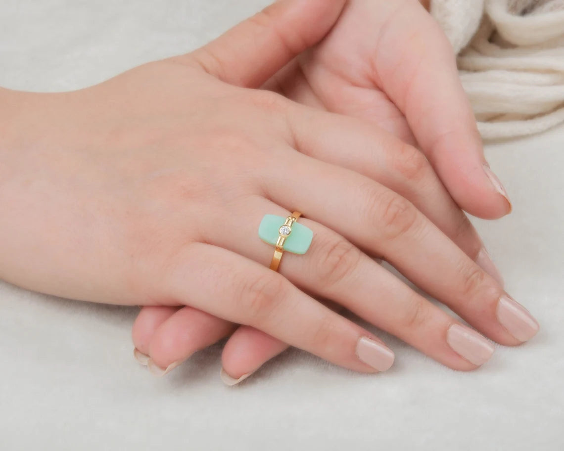 Chrysoprase Rectangle Ring - Gift for Her - Gemstone Ring - Gold Plated Ring - Handmade Jewelry - 925 Solid Silver Ring - Birthday Gift Ring