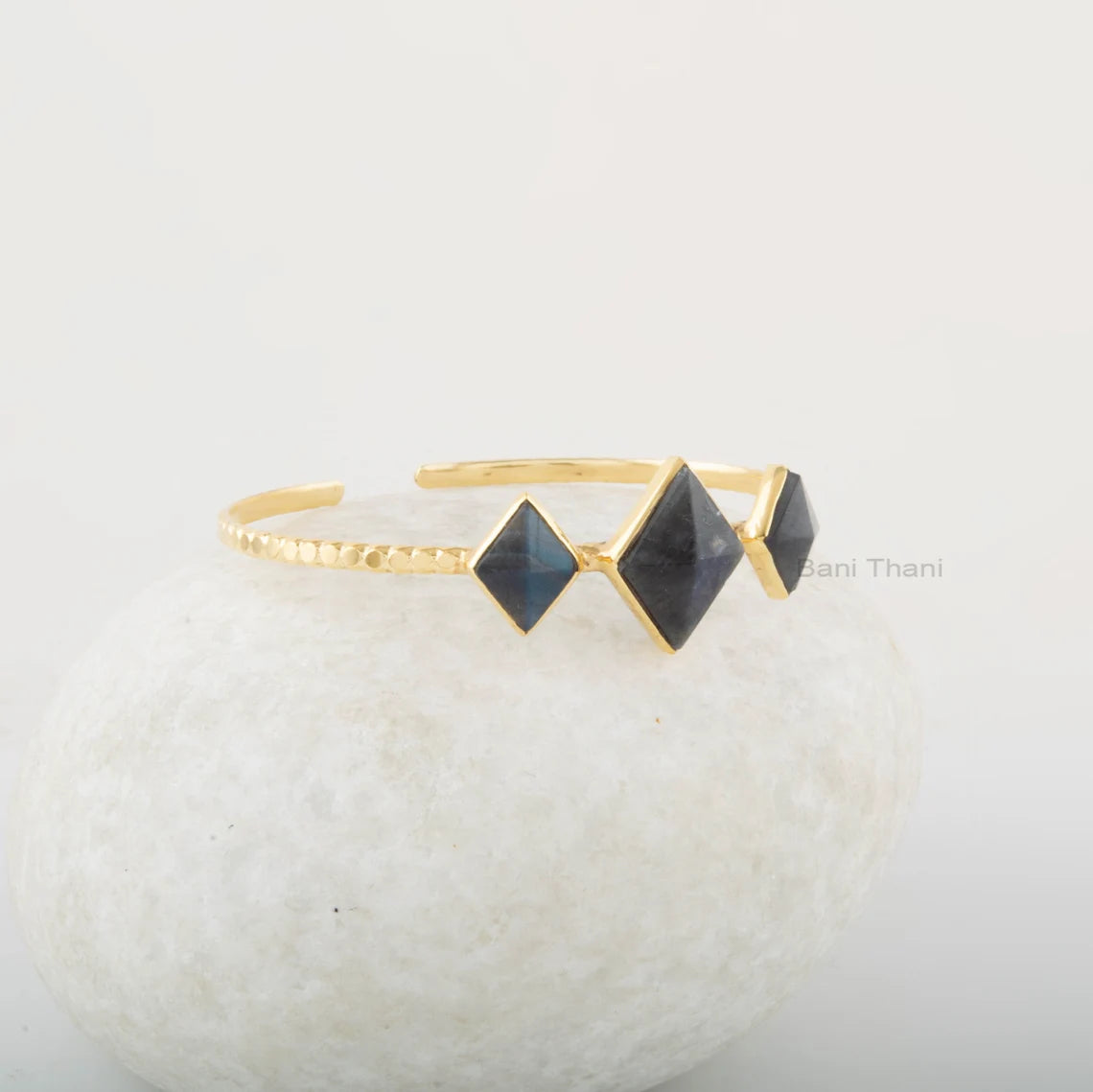 Labradorite Pyramid Shape Cuff Bracelet - Gold Plated Handmade Bangle for Wedding - Diamond Gemstone 925 Silver Bracelet - Bracelet Jewelry