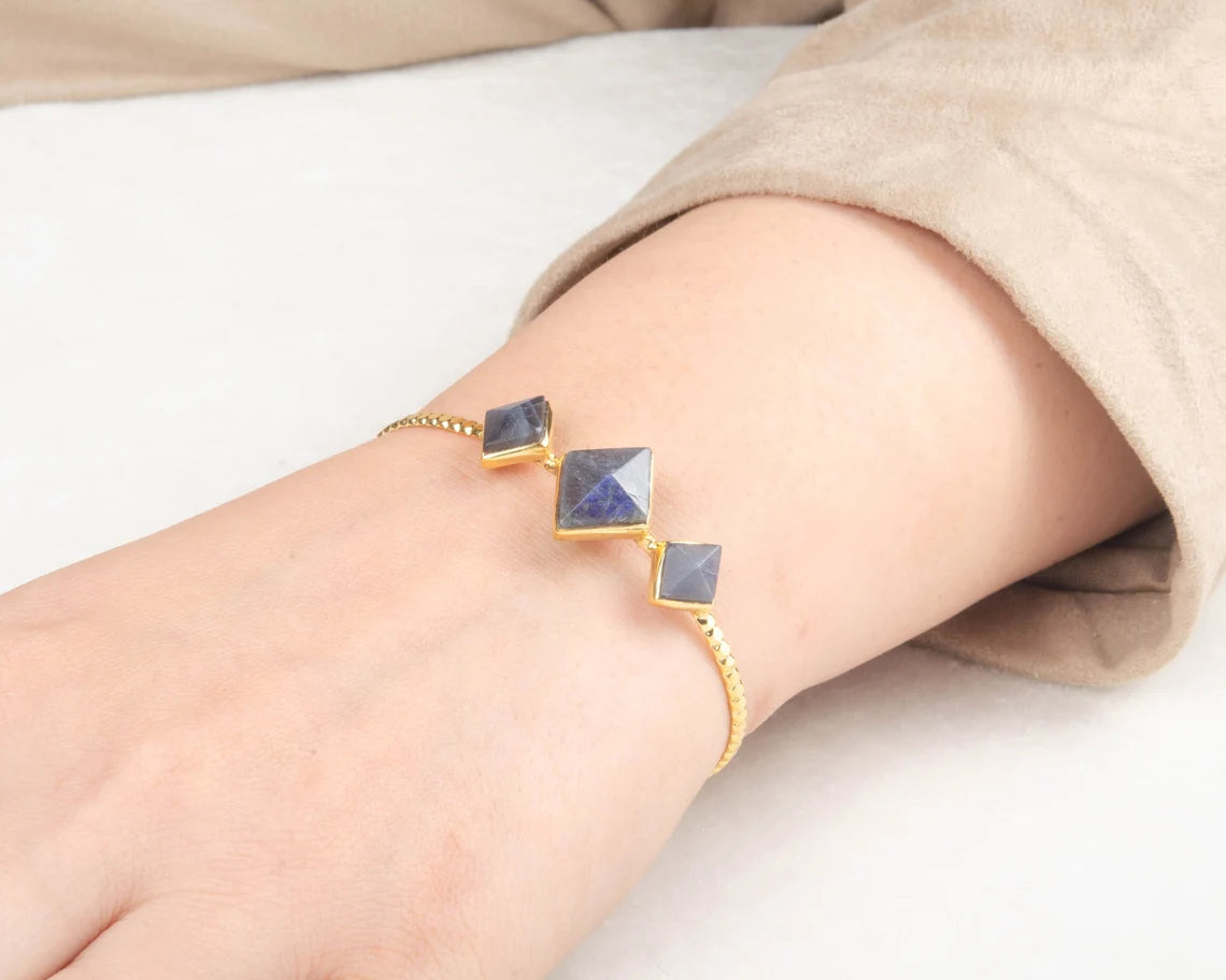 Labradorite Pyramid Shape Cuff Bracelet - Gold Plated Handmade Bangle for Wedding - Diamond Gemstone 925 Silver Bracelet - Bracelet Jewelry