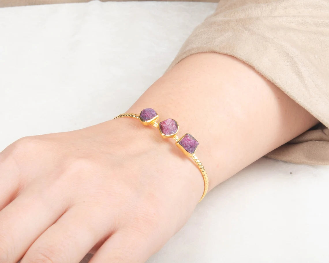 Rough Tourmaline Adjustable Bracelet - 925 Sterling Silver Cuff Bracelet for Womens - Raw Gemstone Gold Plated Bangle - Wedding Gift Bangle