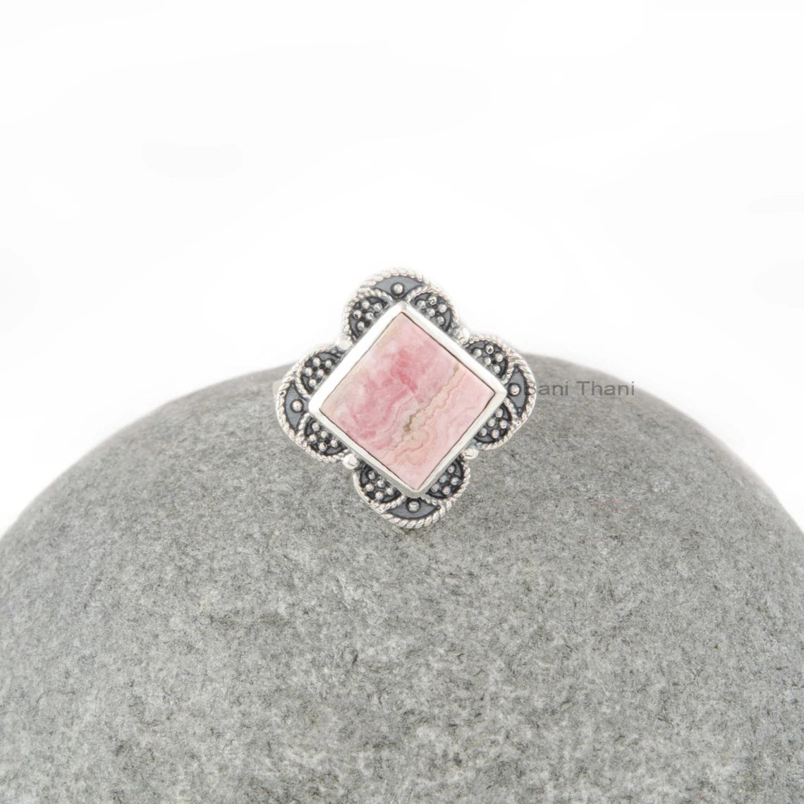 Boho Rings - Rhodochrosite Square Ring - 925 Sterling Silver Dotted Delicate Ring - Gemstone Vintage Ring - Bohemian Handmade Gift for Him