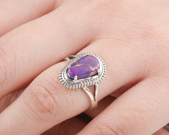 Purple Copper Turquoise Bohemian Ring - Hand Crafted Boho Rings - 925 Solid Silver Ring for Women - Gift for Her - Fancy Shape Gemstone Ring