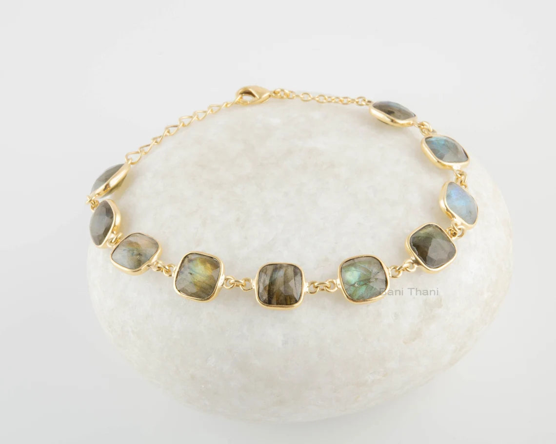 Natural Labradorite Cushion Gemstone Bracelet - Solid 925 Sterling Silver Bezel Cuff Bracelet - Handmade Silver Chain Bracelet -Gift for Her