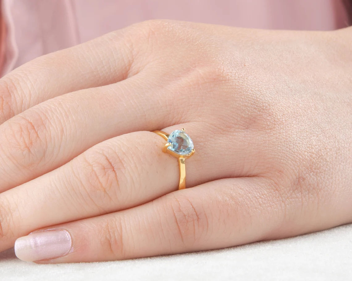 Gift for Valentine - Blue Topaz Ring - 925 Silver Gold Plated Prong Ring - Gemstone Ring for Wedding Gift - Gift for Her - Birthstone Ring