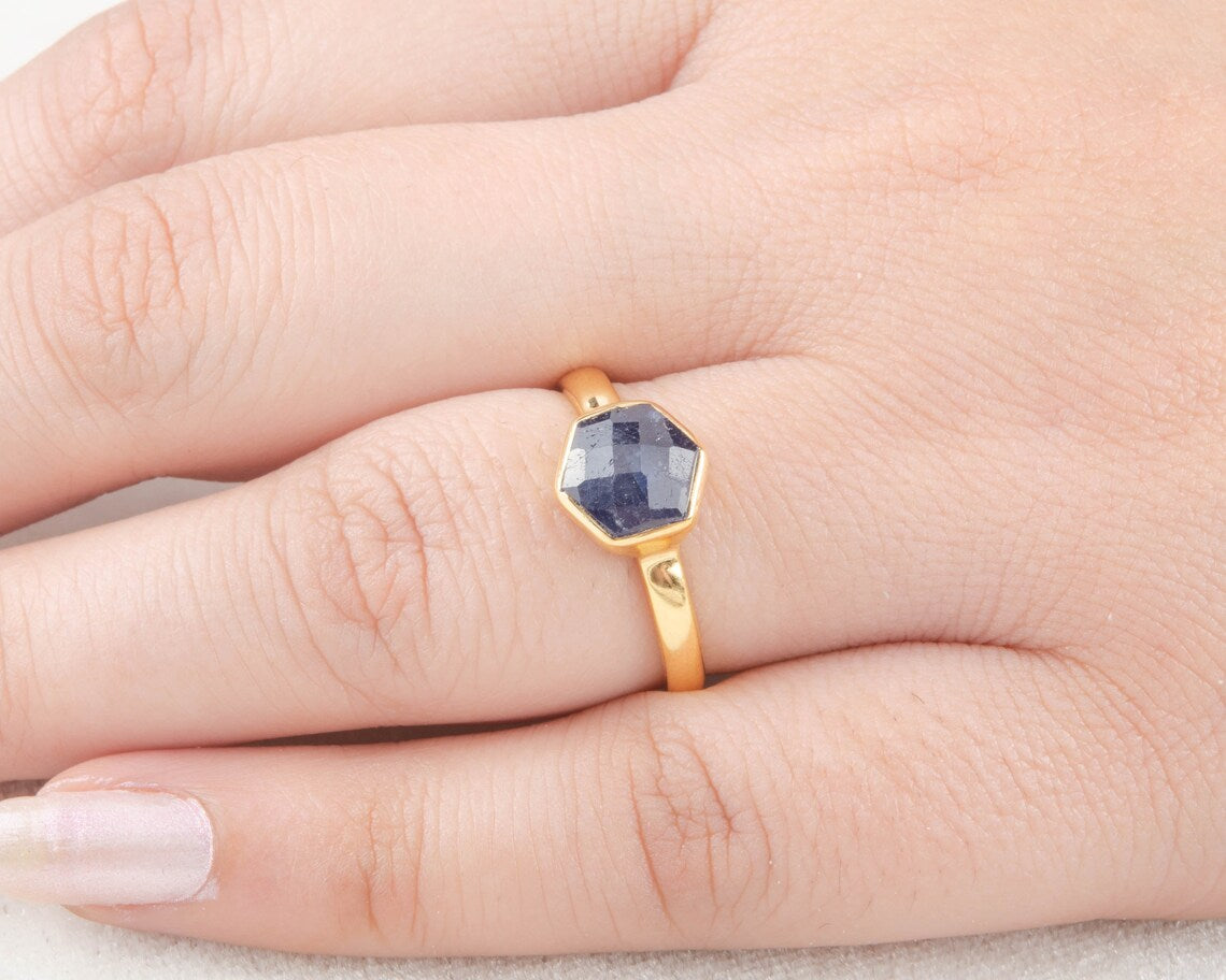 Hexagon Gemstone Silver Ring - Blue Sapphire Handmade Ring - Christmas Gift Ring for Her - Jewelry for Bridesmaid - Birthday Gift Ring