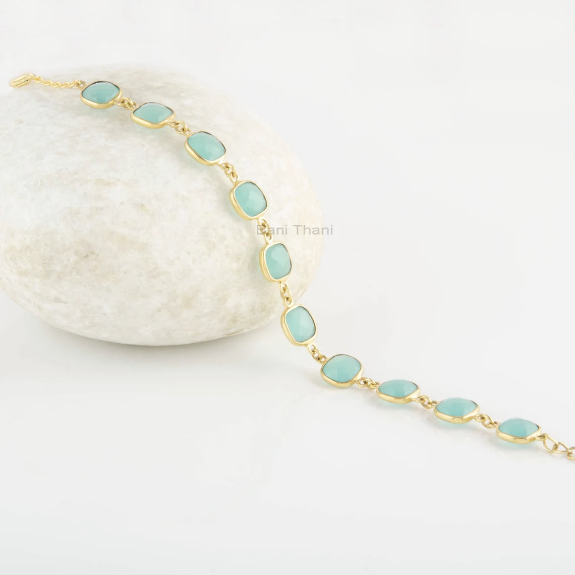 Aqua Chalcedony Silver Bracelet - Gold Plated Chain Bracelet - Birthday Gift Bracelet - Christmas Gift Bracelet - Cushion Gemstone Bracelet