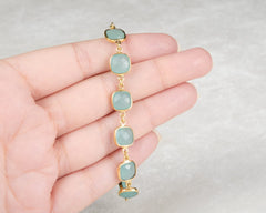 Aqua Chalcedony Silver Bracelet - Gold Plated Chain Bracelet - Birthday Gift Bracelet - Christmas Gift Bracelet - Cushion Gemstone Bracelet