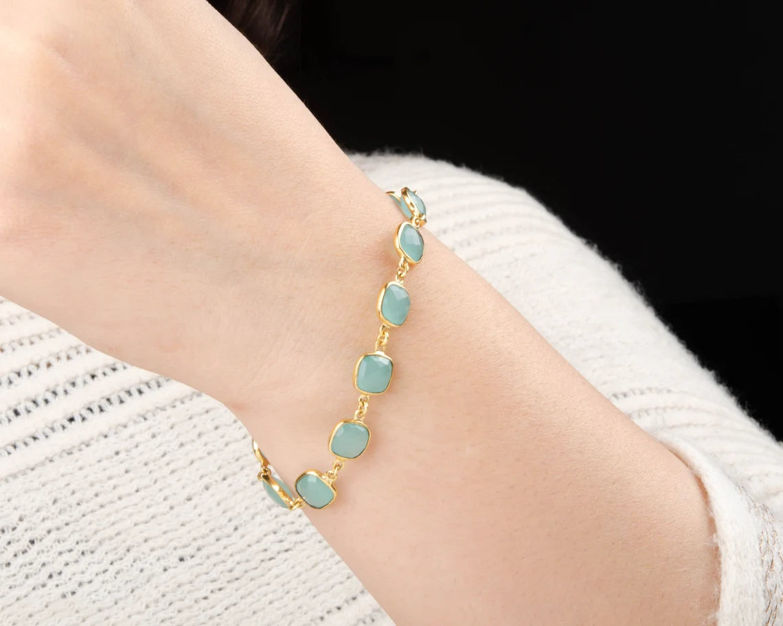 Aqua Chalcedony Silver Bracelet - Gold Plated Chain Bracelet - Birthday Gift Bracelet - Christmas Gift Bracelet - Cushion Gemstone Bracelet