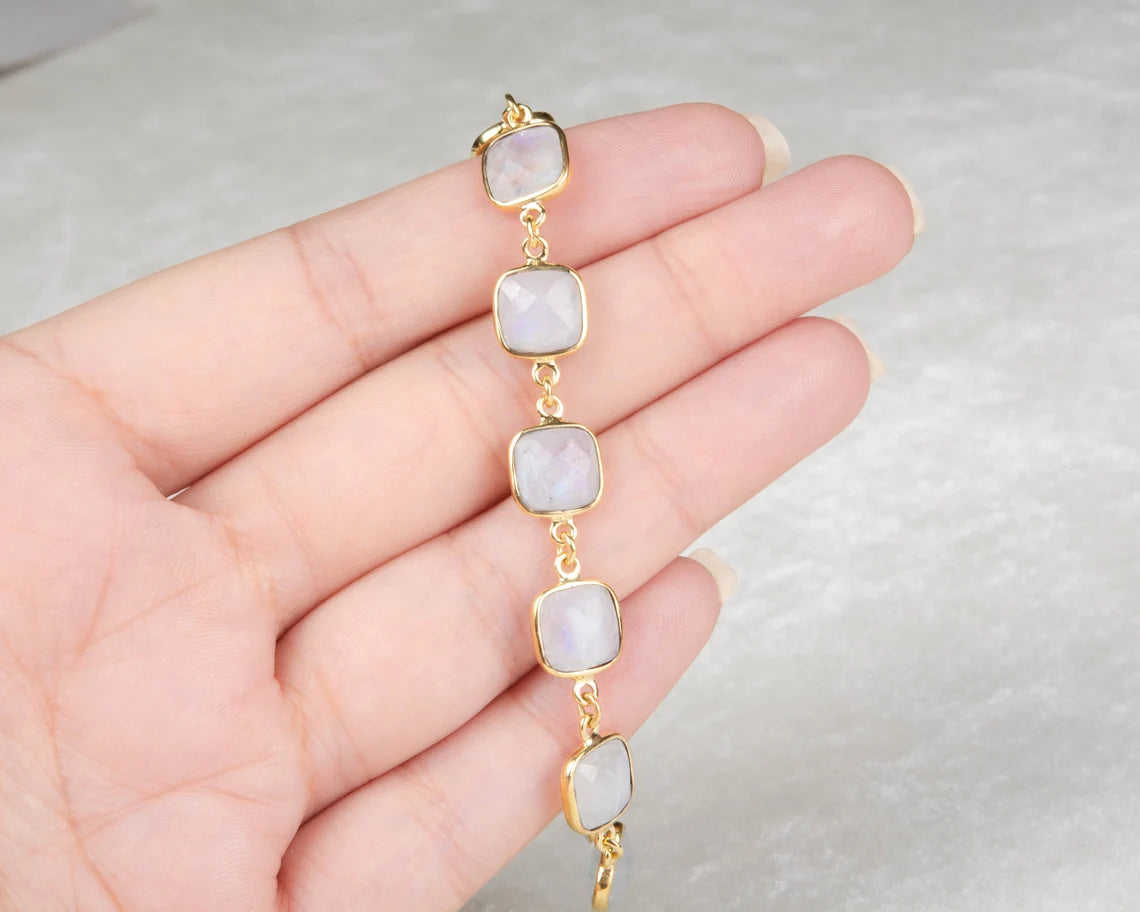 Rainbow Moonstone Cushion Gemstone Bracelet - 925 Sterling Silver Handmade Bracelet - Gold Plated Chain Bracelet - Gift for Mom - Gift Her