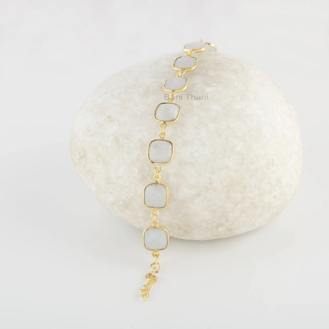 Rainbow Moonstone Cushion Gemstone Bracelet - 925 Sterling Silver Handmade Bracelet - Gold Plated Chain Bracelet - Gift for Mom - Gift Her