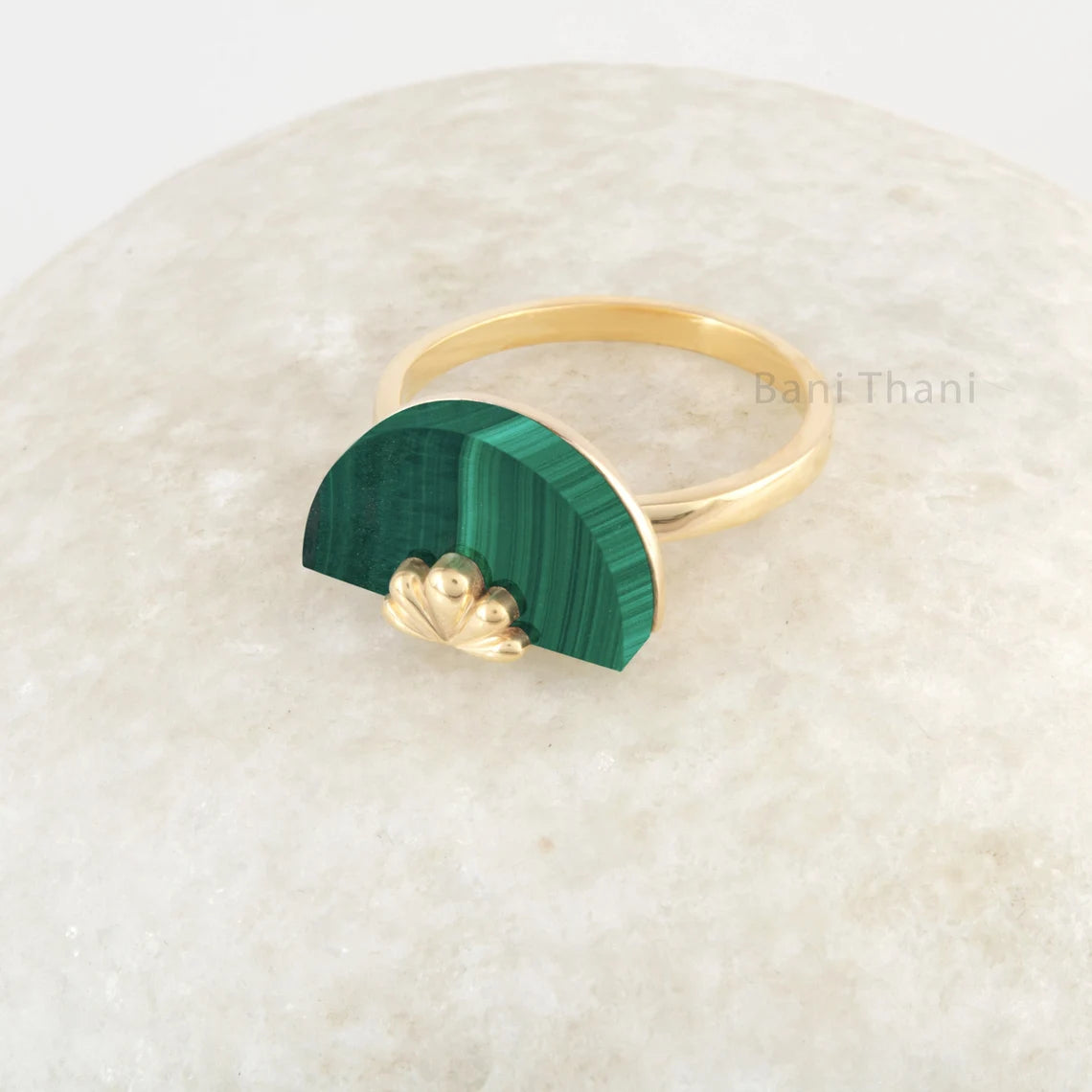 Flower Gemstone Ring - Malachite 10x16mm Half Round Silver Ring - Statement Ring - Christmas Gift for Mother - Big Stone Silver Ring Jewelry