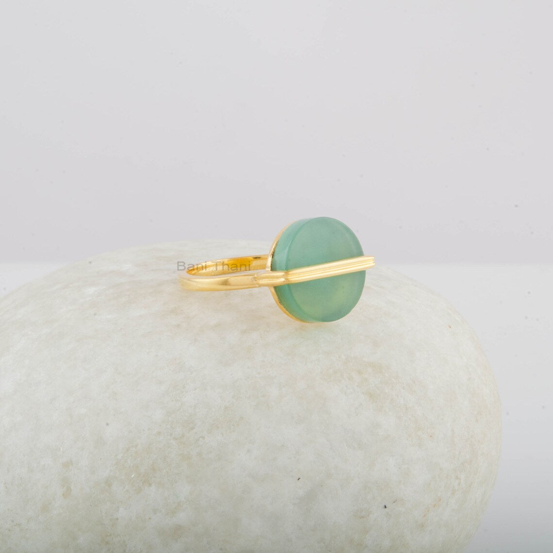 Aqua Chalcedony Ring - 13mm Flat Round Gemstone - 925 Sterling Silver - Gold Plated Modern Jewelry - Gift for Girls - Jewelry for The Bride