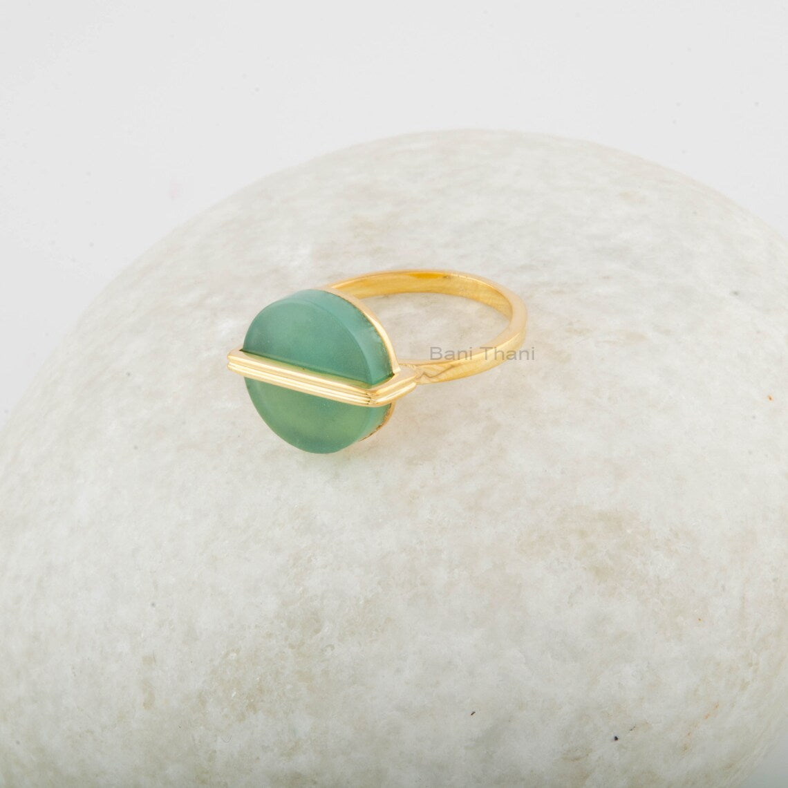 Aqua Chalcedony Ring - 13mm Flat Round Gemstone - 925 Sterling Silver - Gold Plated Modern Jewelry - Gift for Girls - Jewelry for The Bride