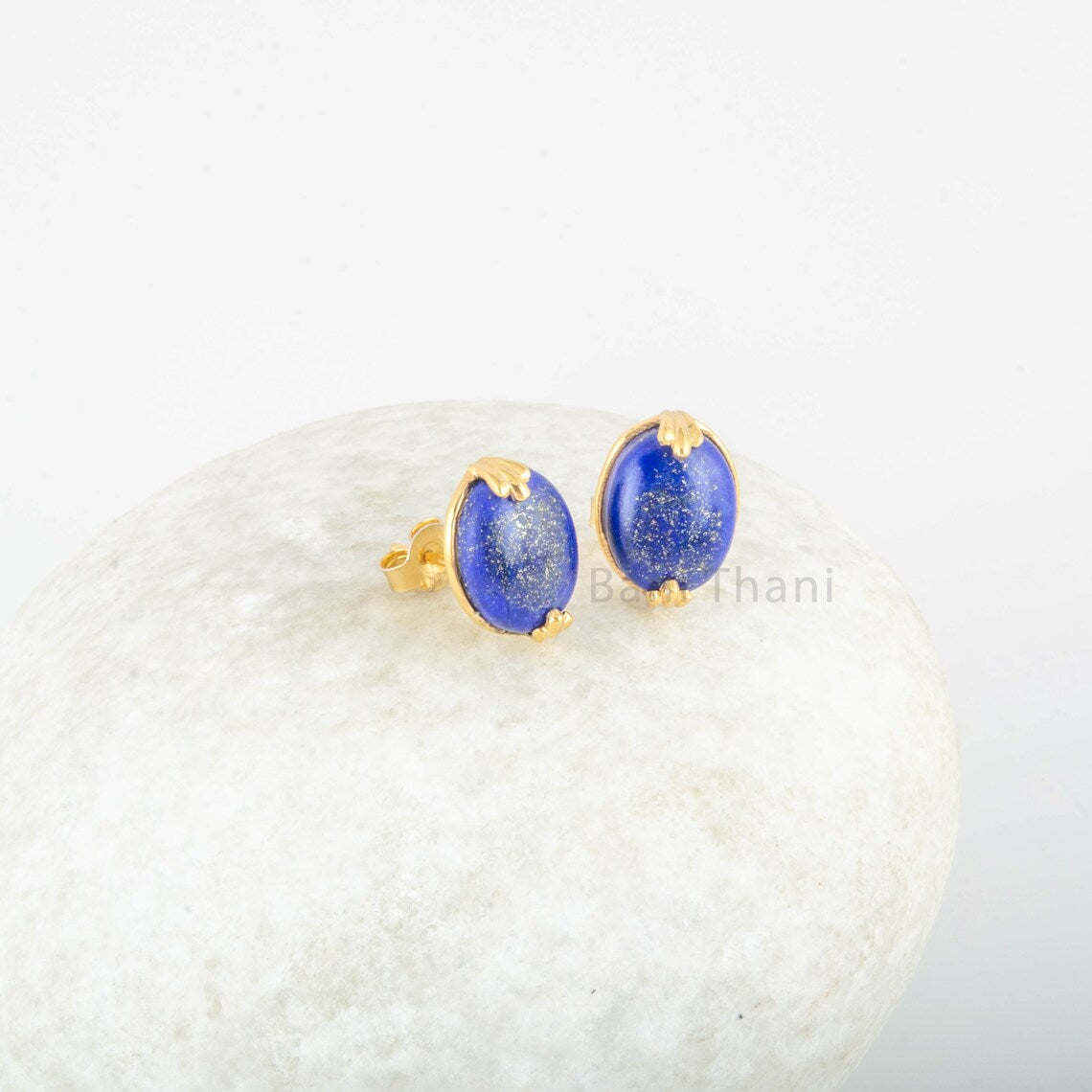 Lapis Lazuli Stud Earrings - 925 Pure Silver Gold Plated Handmade Studs - 10x12mm Oval - Fashion Jewelry - Gift For Women - Bridesmaid Gift