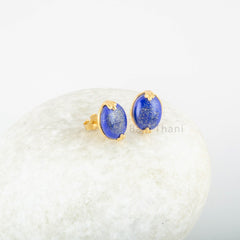 Lapis Lazuli Stud Earrings - 925 Pure Silver Gold Plated Handmade Studs - 10x12mm Oval - Fashion Jewelry - Gift For Women - Bridesmaid Gift