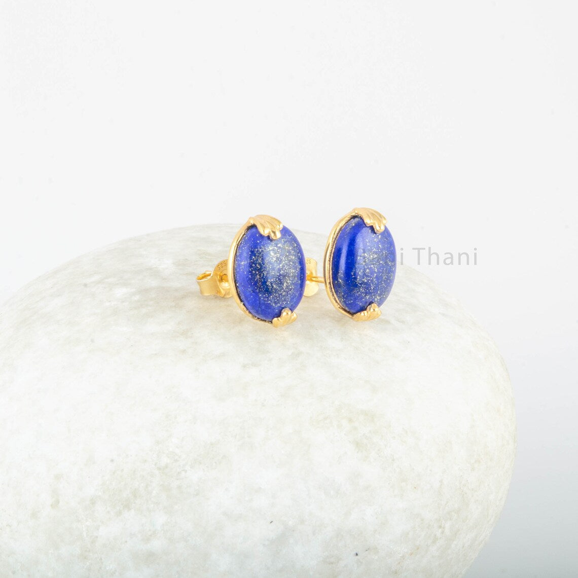 Lapis Lazuli Stud Earrings - 925 Pure Silver Gold Plated Handmade Studs - 10x12mm Oval - Fashion Jewelry - Gift For Women - Bridesmaid Gift