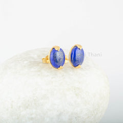 Lapis Lazuli Stud Earrings - 925 Pure Silver Gold Plated Handmade Studs - 10x12mm Oval - Fashion Jewelry - Gift For Women - Bridesmaid Gift