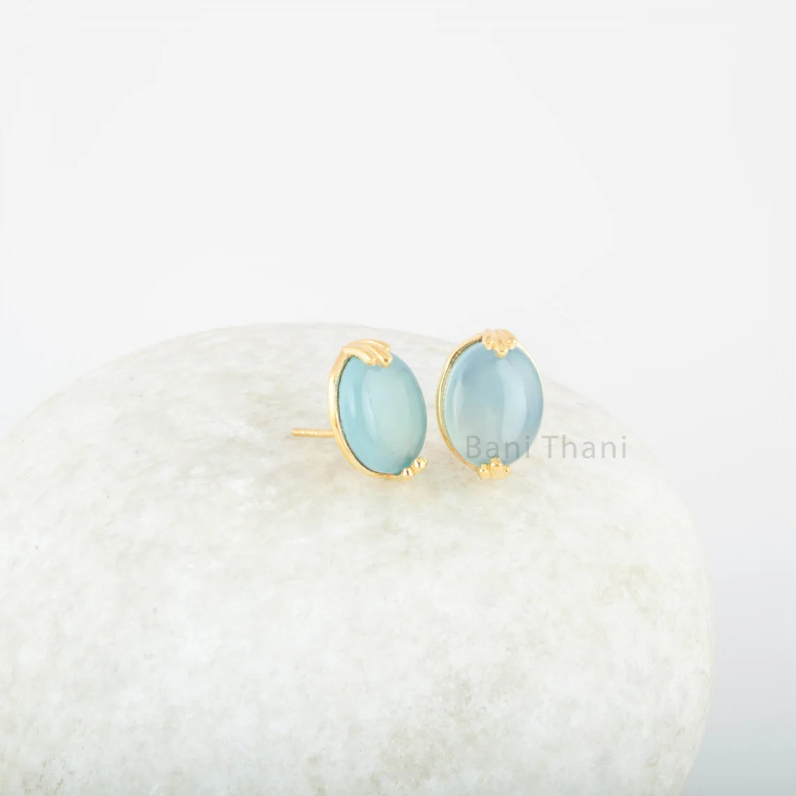 Blue Chalcedony Stud 925 Pure Silver Gold Plated Handmade Earrings - 10x12 mm Oval - Casual Studs - Gift For Women - Handcrafted Masterpiece