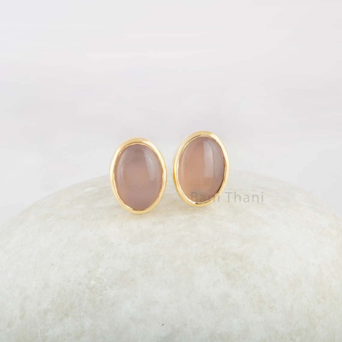 Pink Chalcedony Stud 925 Pure Silver Gold Plated Handmade Earrings - 10x12 mm Oval - Casual Studs - Gift For Women - Handcrafted Masterpiece