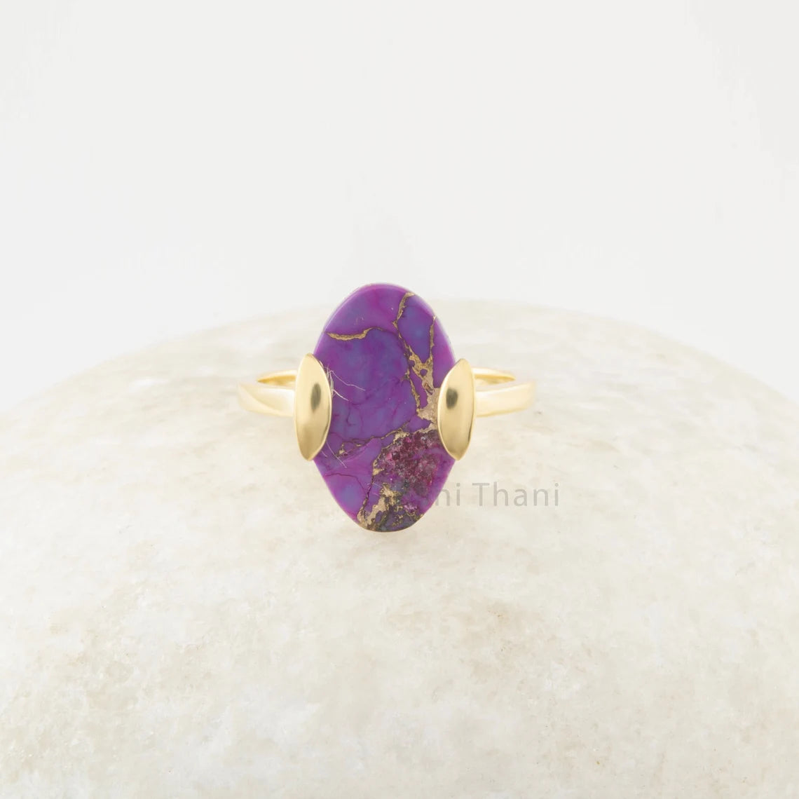 Copper Purple Turquoise Ring - Sterling Silver Gold Plated - 10x16mm Flat Oval - Elegant Jewelry - Gift For Bridesmaid - Jewelry For Date