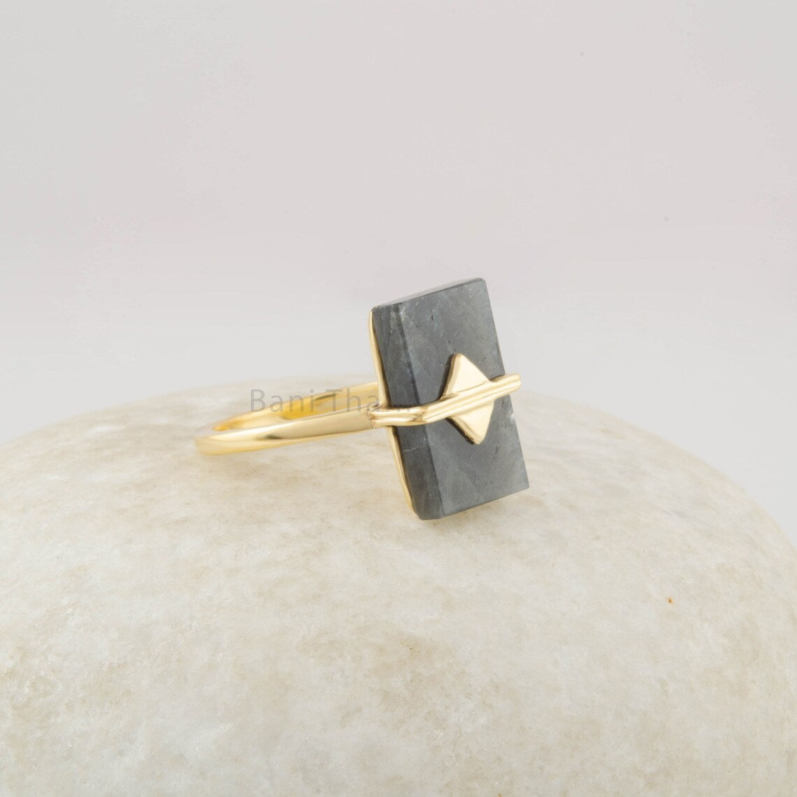 Labradorite Gemstone 9x13mm Flat Rectangle Rings - Sterling Silver 18K gold Plated - Anniversary Gift Ring for Wife - Trendy Jewelry
