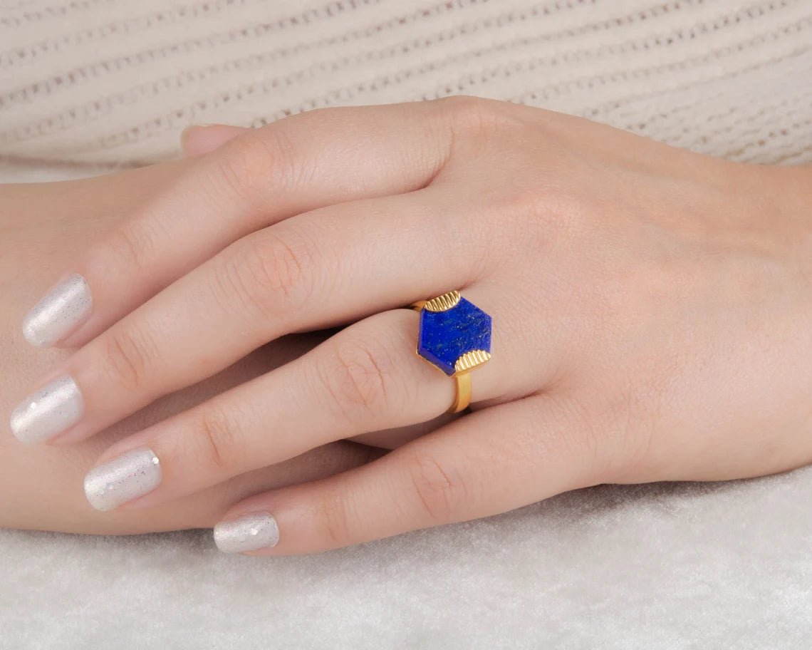 Lapis Lazuli Ring Solid Silver Handmade Ring 12x14mm Flat Hexagon Stone - Artisan Jewelry - Jewelry for Prom - Gift for Her - Ring for Sale