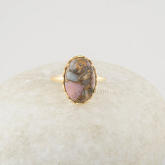 Pink Opal Copper Ring - 11x16mm Oval Shape Gemstone - Handmade 18k Gold Plated - Dainty Jewelry - Gift For Lover - Jewelry For Daughter