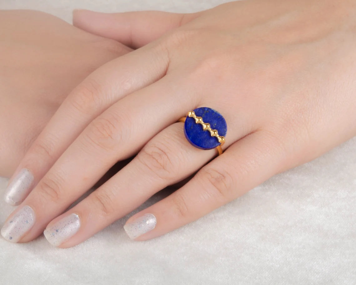 Lapis Lazuli Ring - Handcrafted Flat Round Shape Pure Silver Ring - Trendy Jewelry - Gift For Bride - Silver Jewelry For New Mom