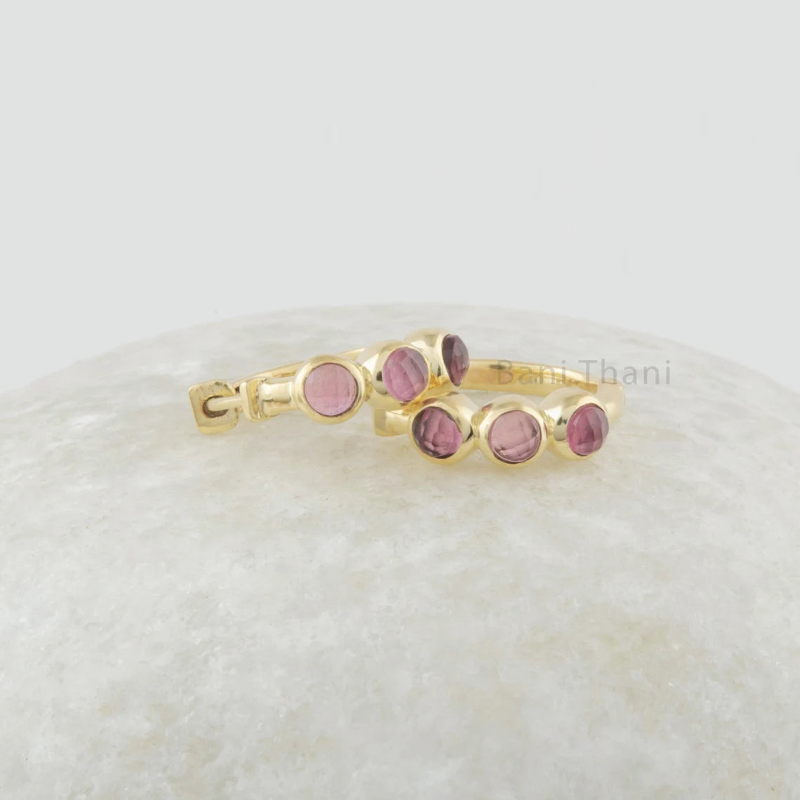 Pink Tourmaline 3mm Round Gemstone Solid Silver Hoop Earring - Hoop Earrings - Gold Plated Earrings - Gift For Her - Gift for Wife