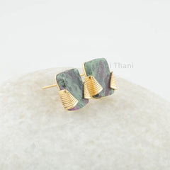 Beautiful Ruby zoisite 8x13 Cushion Flat Gemstone Silver Earrings - 18k gold Plating - Perfect Earrings For Girls - Gift For Love - Handmade