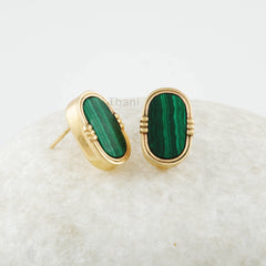 Malachite Flat Oval 7x13mm Stud Earrings - Sterling Silver - Gold Plated Studs - Birthstone Jewelry - Gift For Girls - Jewelry for Date