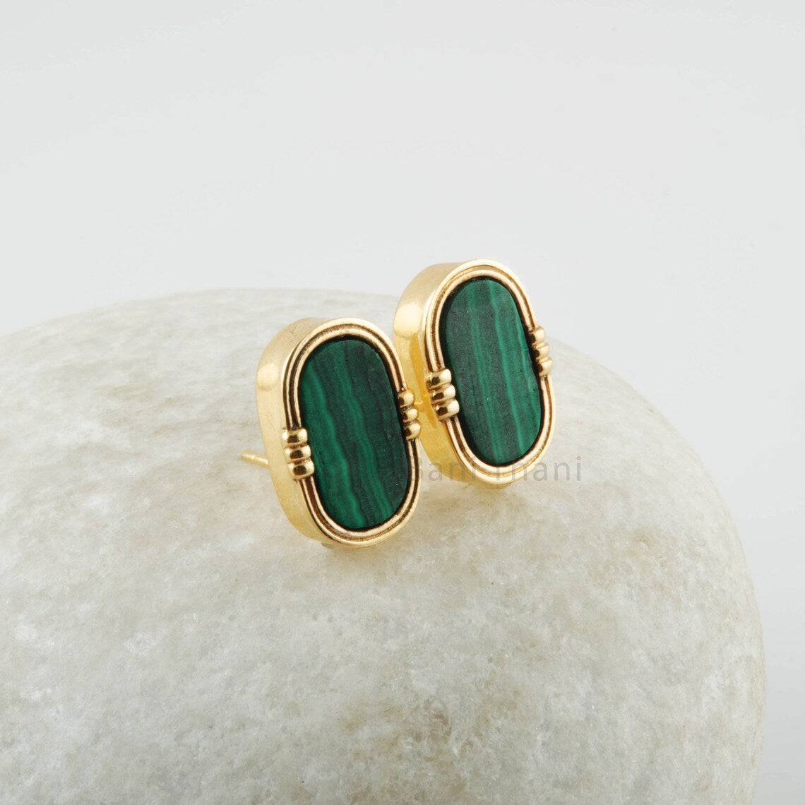 Malachite Flat Oval 7x13mm Stud Earrings - Sterling Silver - Gold Plated Studs - Birthstone Jewelry - Gift For Girls - Jewelry for Date