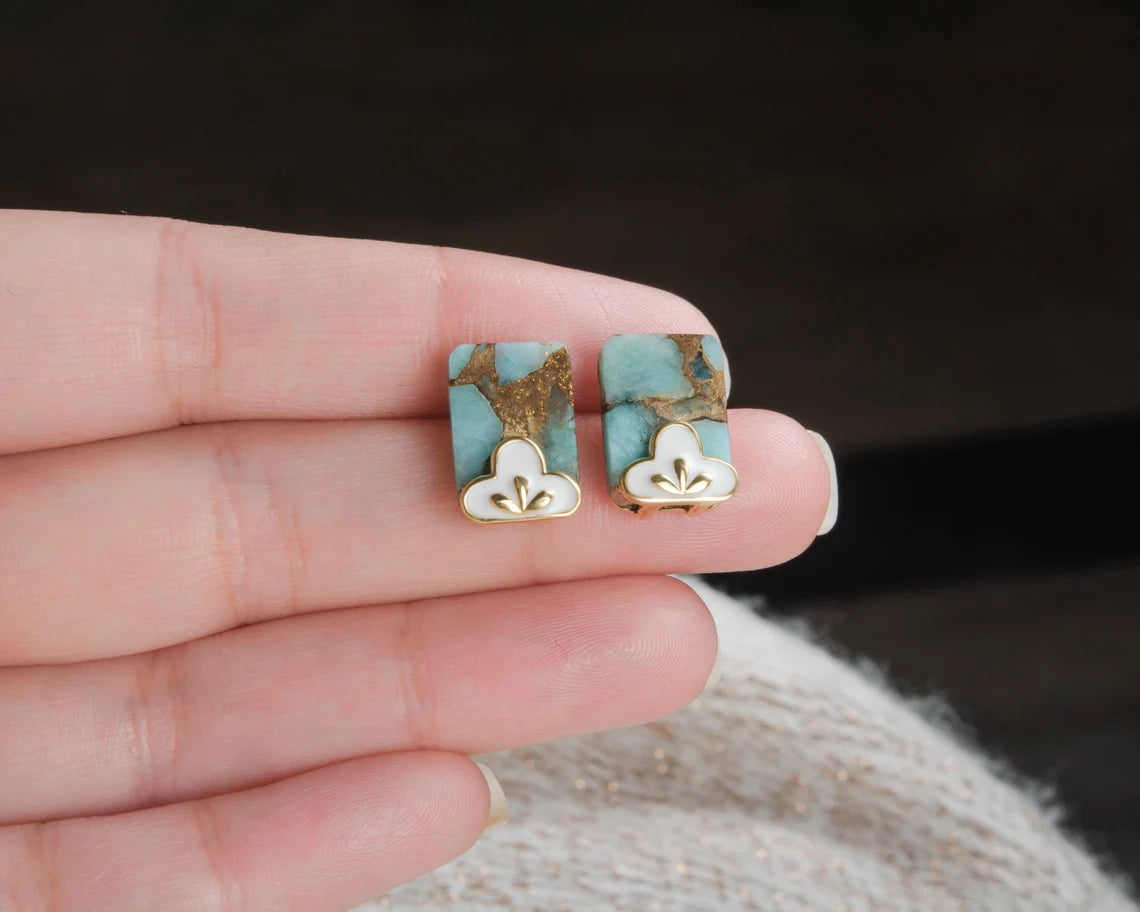 Beautiful Amazonite Studs, Copper Amazonite 10x14mm Cushion Flat Gemstone Silver Earrings, White Enamel Earrings For Girls, Gift For Love