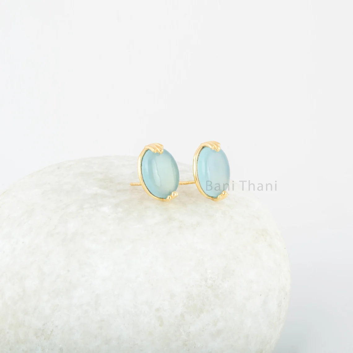 Blue Chalcedony Stud 925 Pure Silver Gold Plated Handmade Earrings - 10x12 mm Oval - Casual Studs - Gift For Women - Handcrafted Masterpiece