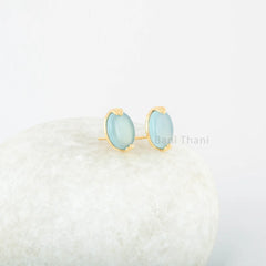 Blue Chalcedony Stud 925 Pure Silver Gold Plated Handmade Earrings - 10x12 mm Oval - Casual Studs - Gift For Women - Handcrafted Masterpiece