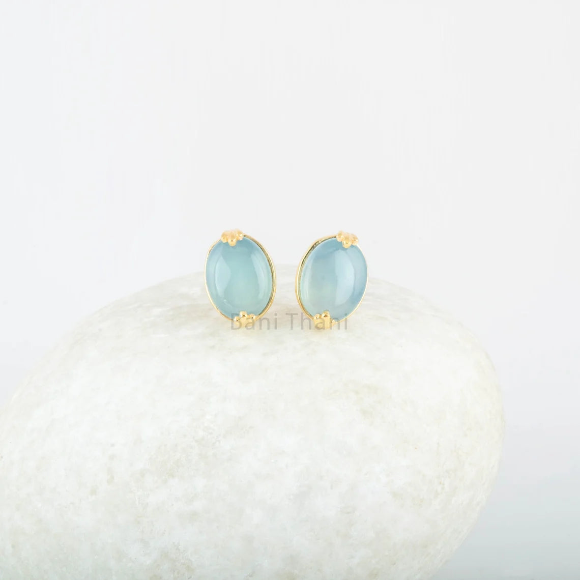 Blue Chalcedony Stud 925 Pure Silver Gold Plated Handmade Earrings - 10x12 mm Oval - Casual Studs - Gift For Women - Handcrafted Masterpiece