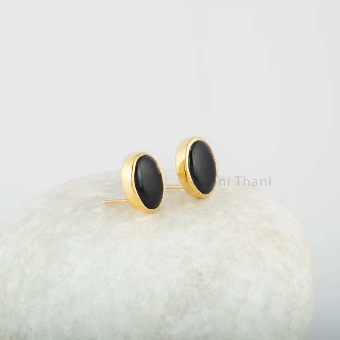 Black Onyx Stud Earrings - 925 Silver 18k Gold Plated 10x12mm Oval Handmade Studs - Dainty Earrings - Gift For BFF - Jewelry For Graduate