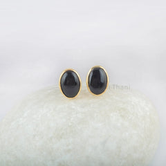 Black Onyx Stud Earrings - 925 Silver 18k Gold Plated 10x12mm Oval Handmade Studs - Dainty Earrings - Gift For BFF - Jewelry For Graduate