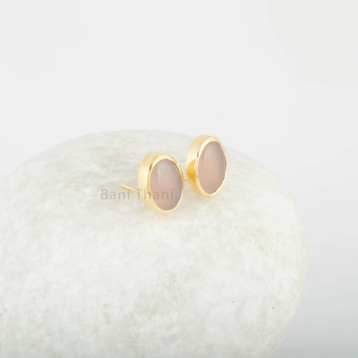 Pink Chalcedony Stud 925 Pure Silver Gold Plated Handmade Earrings - 10x12 mm Oval - Casual Studs - Gift For Women - Handcrafted Masterpiece