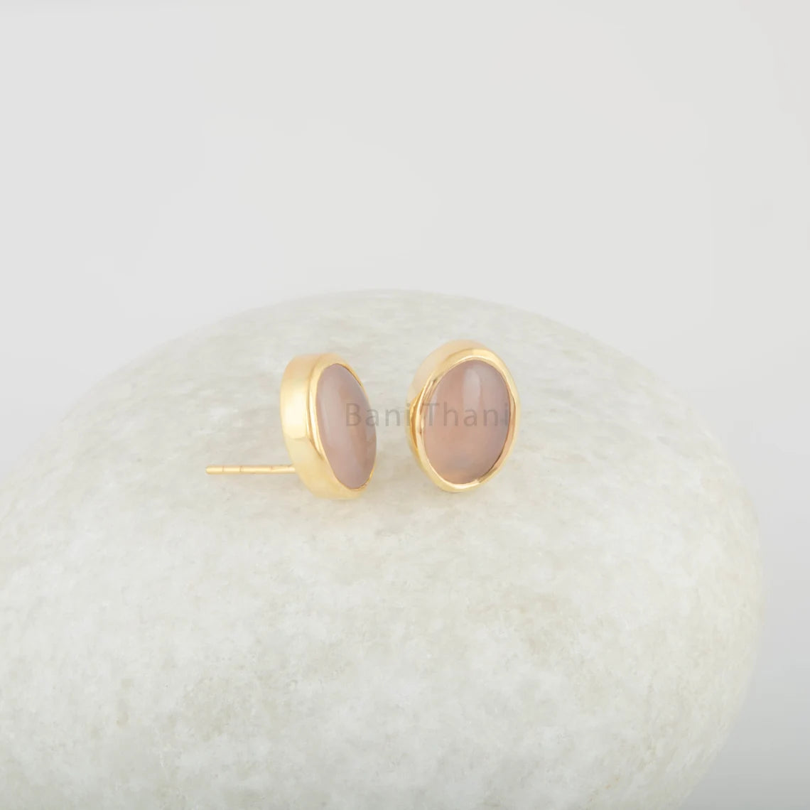 Pink Chalcedony Stud 925 Pure Silver Gold Plated Handmade Earrings - 10x12 mm Oval - Casual Studs - Gift For Women - Handcrafted Masterpiece