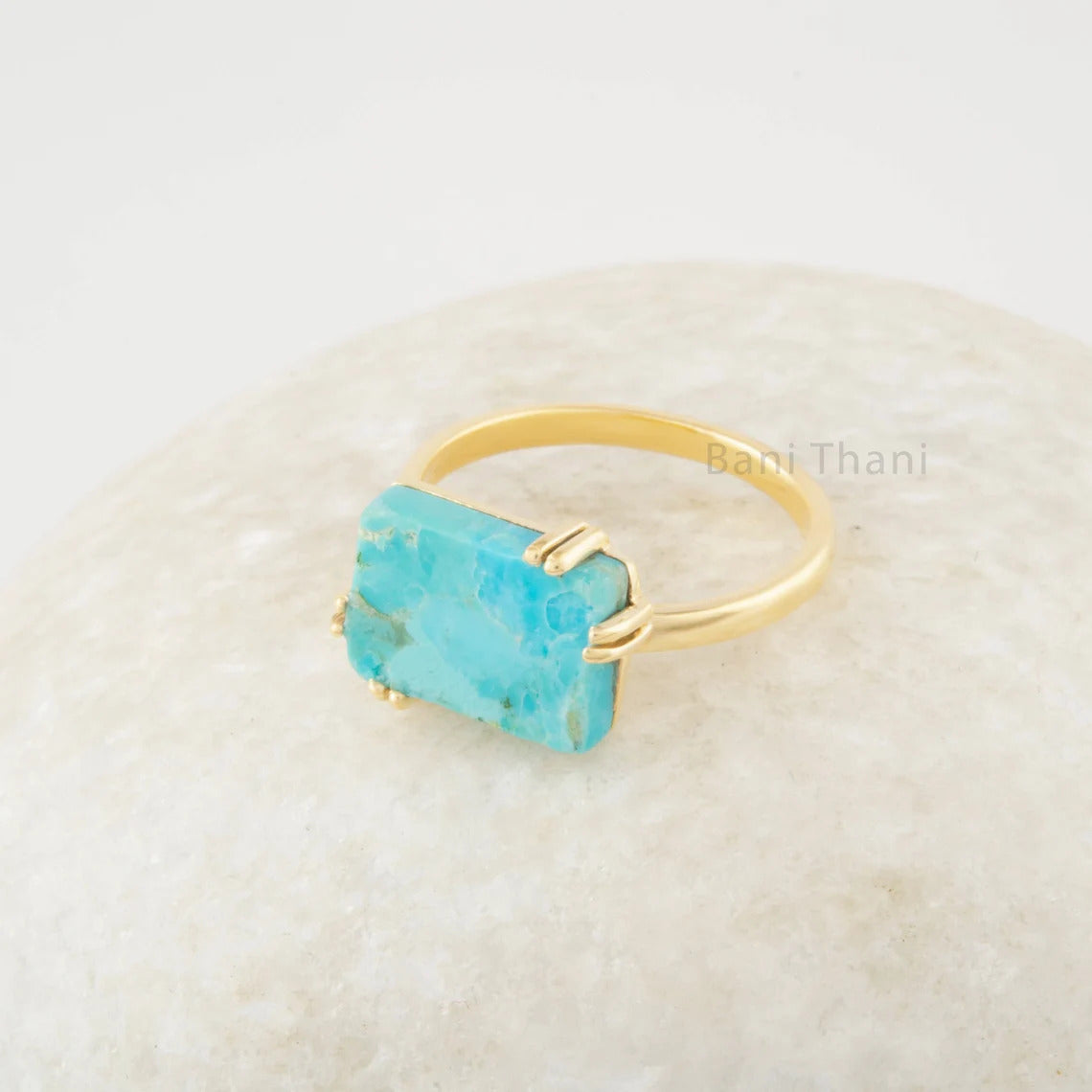 Arizona Turquoise 9x13mm Flat Rectangle Gemstone Gold Plated Sterling Silver Ring - A Precious Gift for Valentine's Day - Halloween Gift