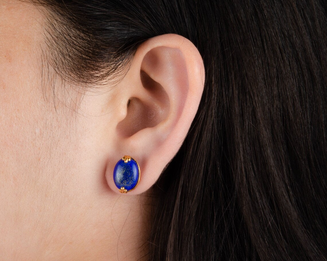 Lapis Lazuli Stud Earrings - 925 Pure Silver Gold Plated Handmade Studs - 10x12mm Oval - Fashion Jewelry - Gift For Women - Bridesmaid Gift