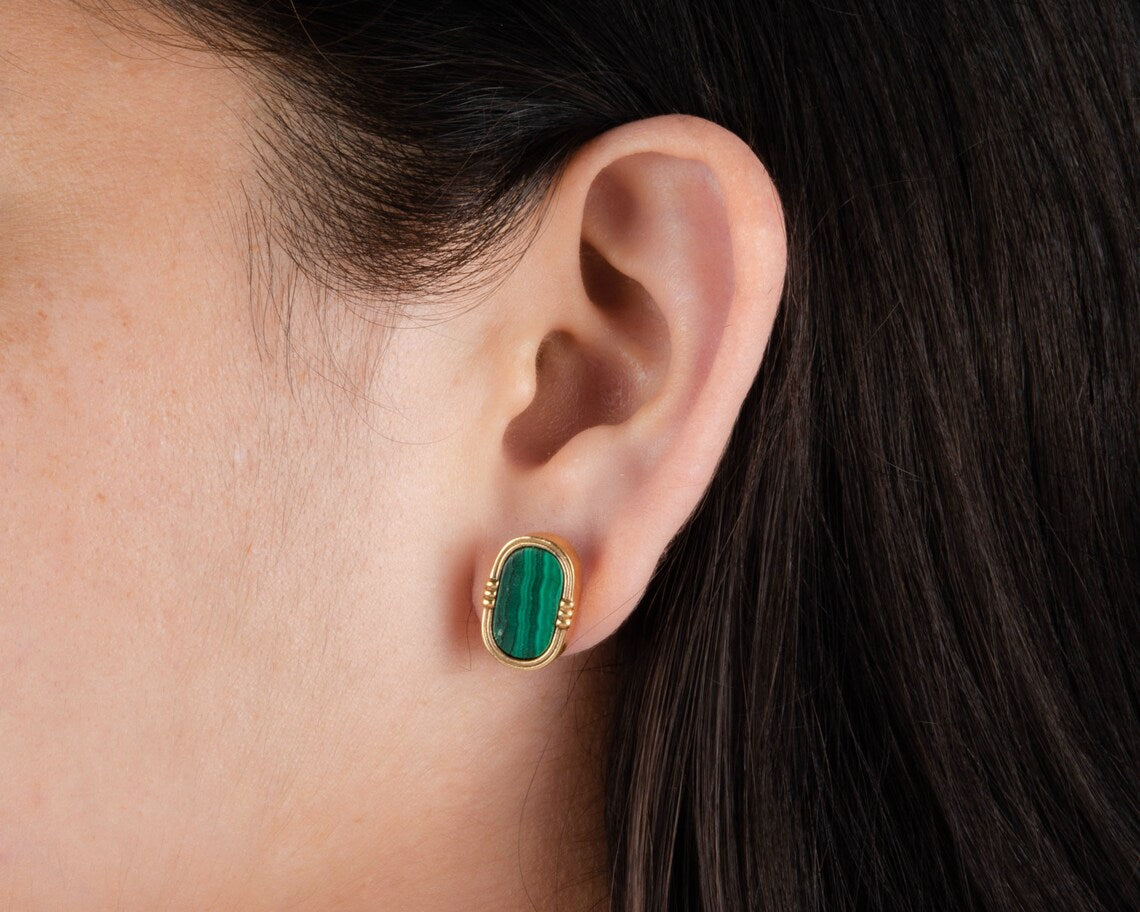 Malachite Flat Oval 7x13mm Stud Earrings - Sterling Silver - Gold Plated Studs - Birthstone Jewelry - Gift For Girls - Jewelry for Date