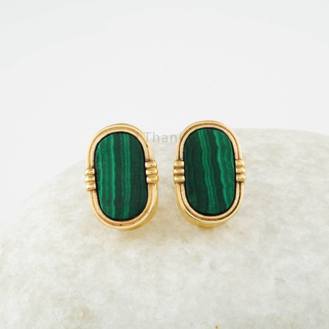 Malachite Flat Oval 7x13mm Stud Earrings - Sterling Silver - Gold Plated Studs - Birthstone Jewelry - Gift For Girls - Jewelry for Date