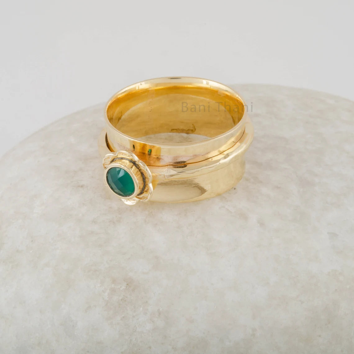 Natural Green Onyx Gemstone Spinner Band - 925 Sterling Silver Flower Design Ring - Spinner Ring - Gold Plated Thumb Band Ring- Boho Jewelry