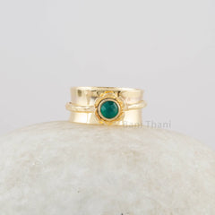 Natural Green Onyx Gemstone Spinner Band - 925 Sterling Silver Flower Design Ring - Spinner Ring - Gold Plated Thumb Band Ring- Boho Jewelry