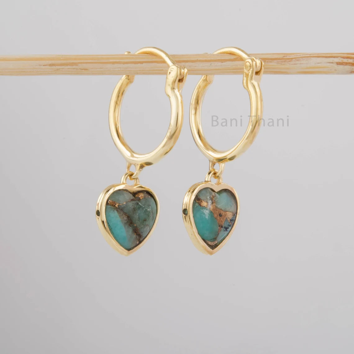 Silver Dangle Hoop Earrings, Copper Amazonite Heart Shape Drop Earring, Gold Plated Gemstone Silver Hoop Earrings, Anniversary Gift Earrings