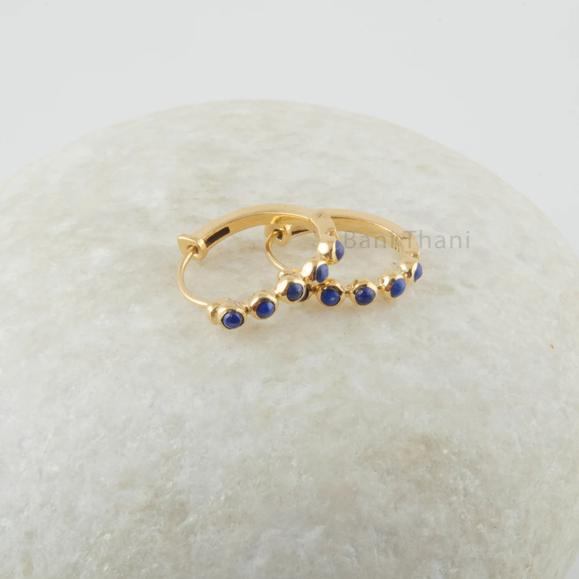 Silver Hoop Earrings, Lapis Lazuli Gemstone Silver Earrings For Women, 18k Gold Plated Bezel Earrings, Anniversary Gift For Wife