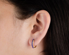 Beautiful Hoop Earrings, Lapis Lazuli Gemstone Silver Earrings , 18k Gold Plated Prong Set Earrings, Anniversary Gift For Wife