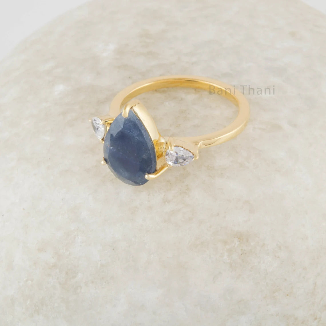 Elegant Raw Sapphire Gemstone Handmade Ring, 925 Sterling Silver 18k Gold Plated Simulated Diamond Ring, Birthday Gift Rings